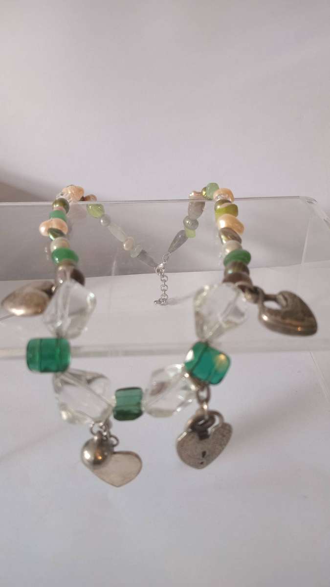 Beautiful Unique Fresh Water Pearl Necklace with Glass Beads in-between plus charms