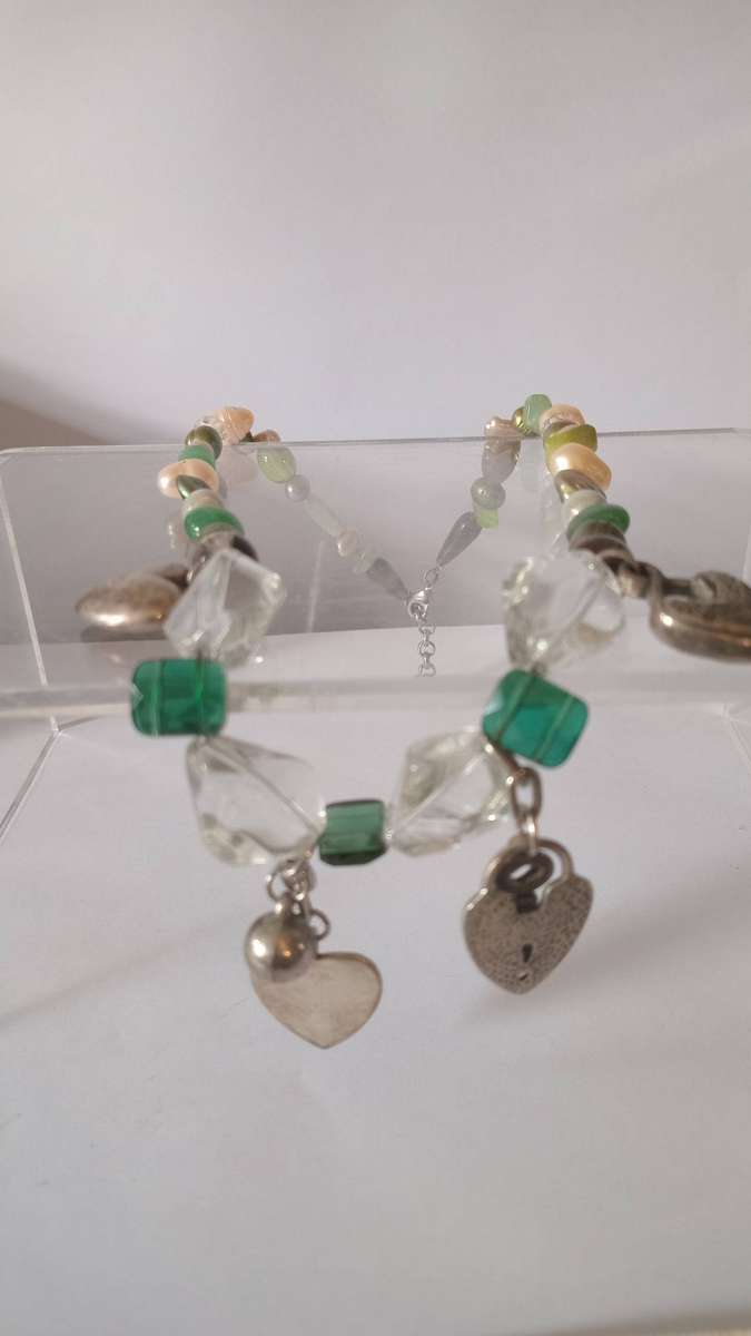 Beautiful Unique Fresh Water Pearl Necklace with Glass Beads in-between plus charms