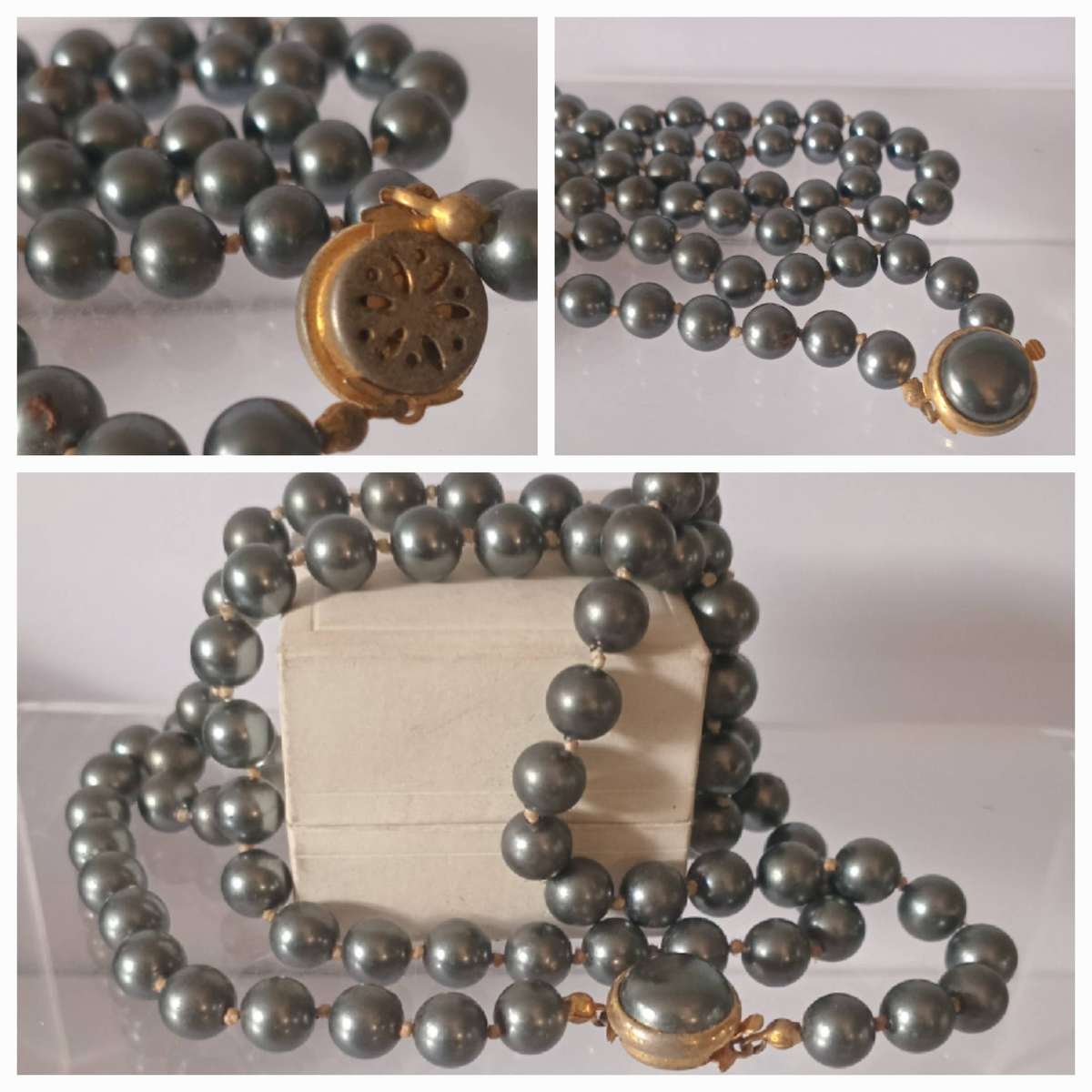 Beautiful Vintage black Pearl Hand Knotted Necklace 38cm(closed)