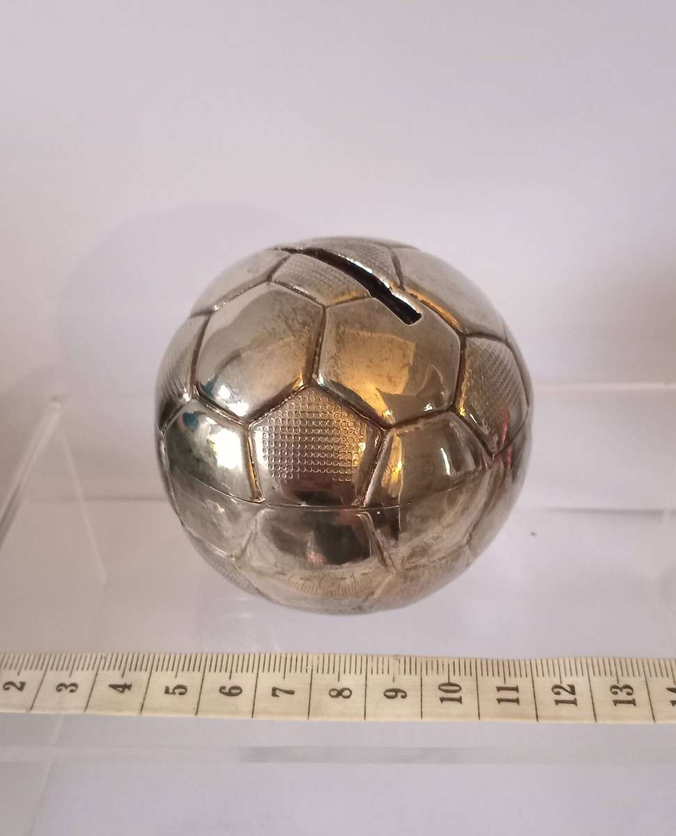 VINTAGE SILVER PLATED ENGLISH FOOTBALL BANK(MONEY BOX)with its original box