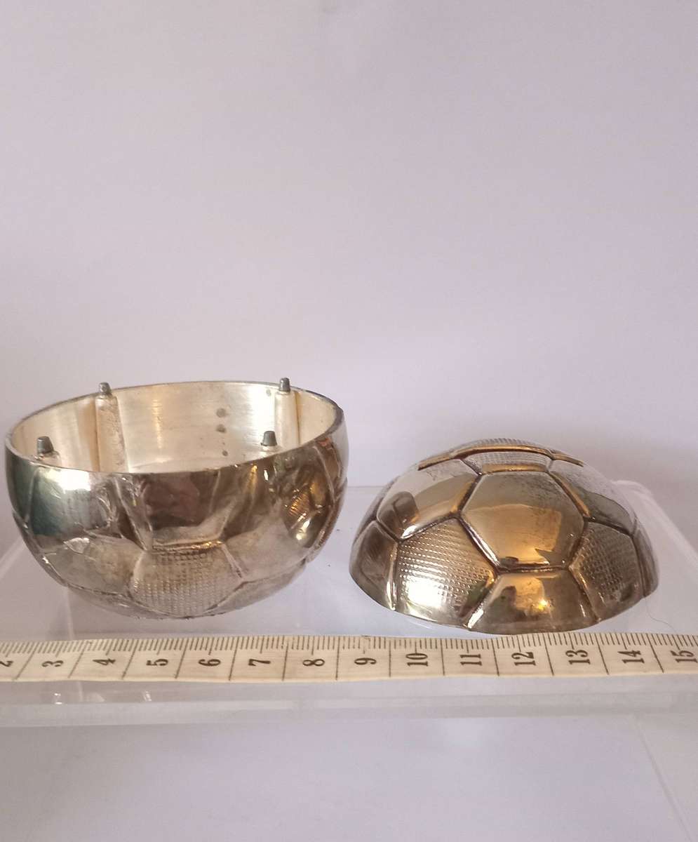 VINTAGE SILVER PLATED ENGLISH FOOTBALL BANK(MONEY BOX)with its original box