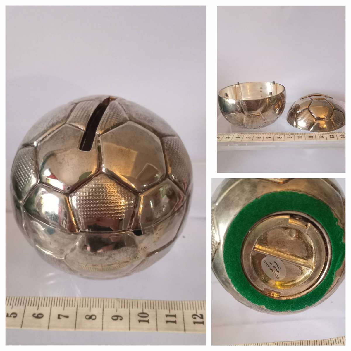 VINTAGE SILVER PLATED ENGLISH FOOTBALL BANK(MONEY BOX)with its original box