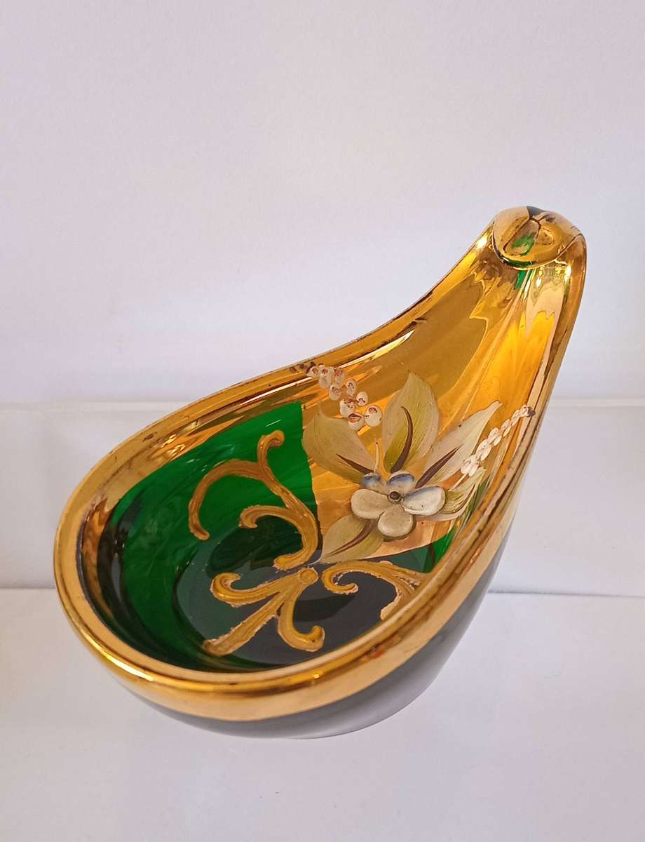 Stunning Italian Richly Gilded Green Glass handpainted and Gilded Trinket Bowl