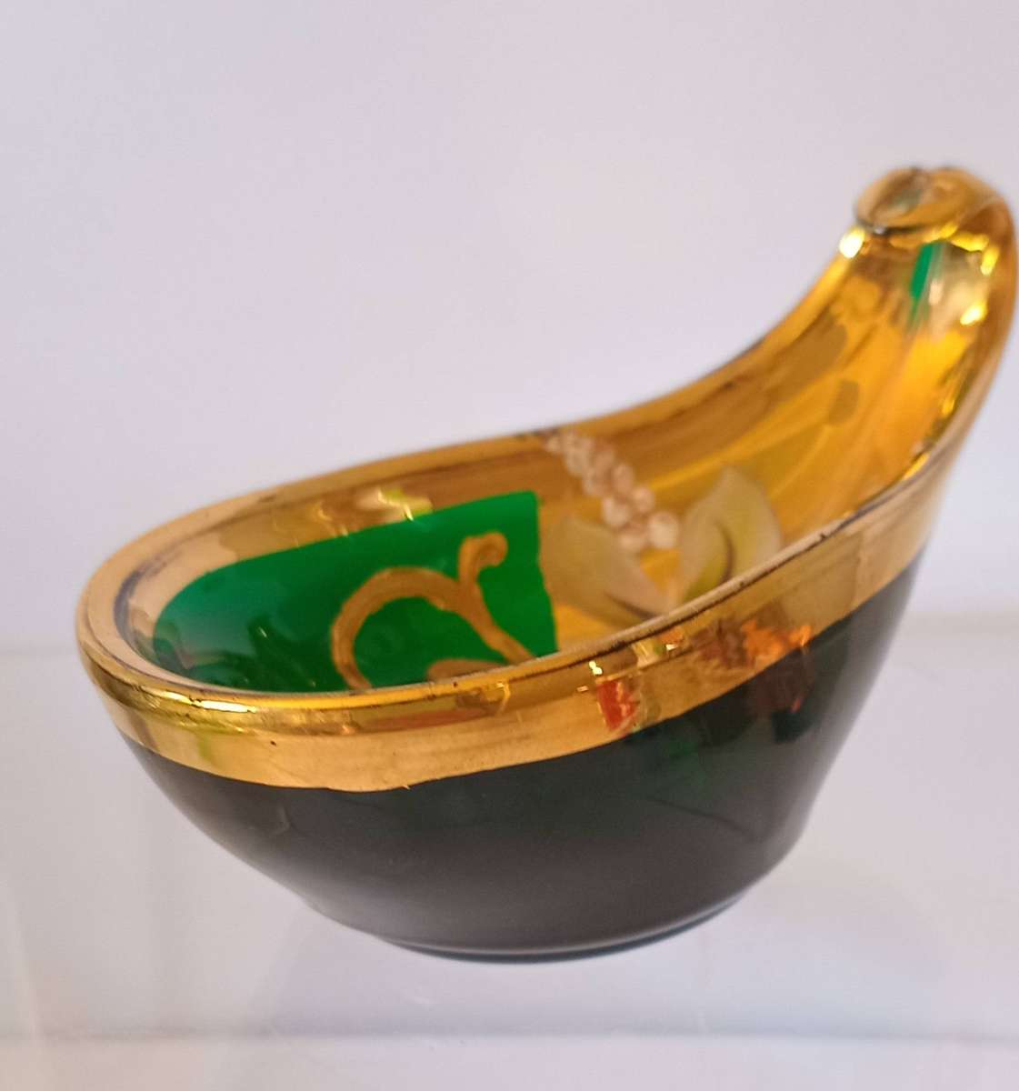 Stunning Italian Richly Gilded Green Glass handpainted and Gilded Trinket Bowl