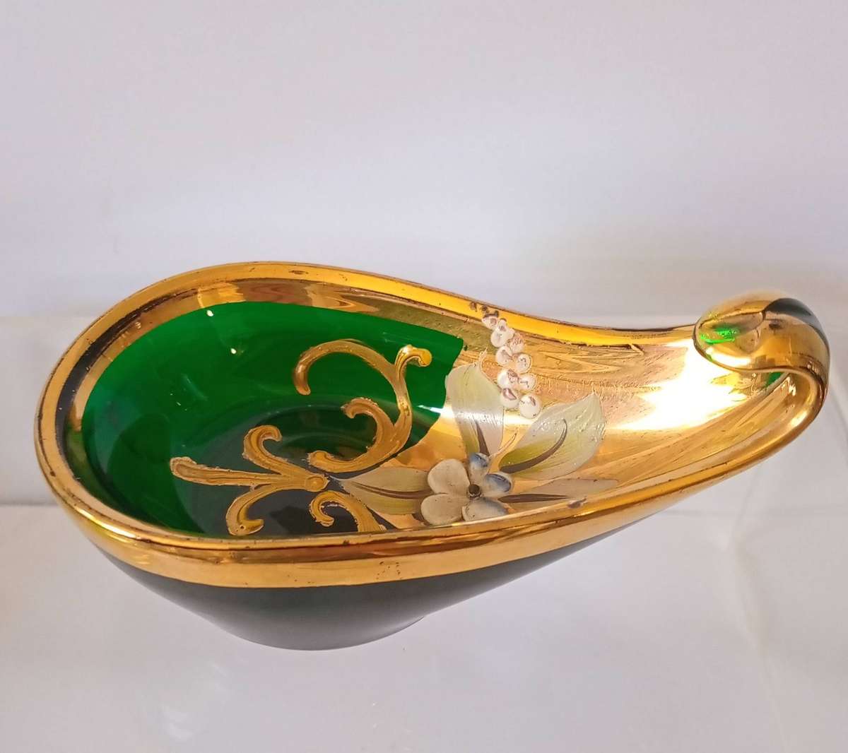 Stunning Italian Richly Gilded Green Glass handpainted and Gilded Trinket Bowl