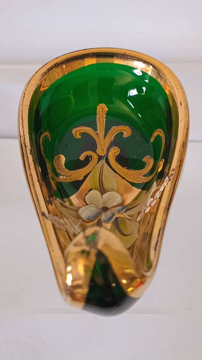 Stunning Italian Richly Gilded Green Glass handpainted and Gilded Trinket Bowl