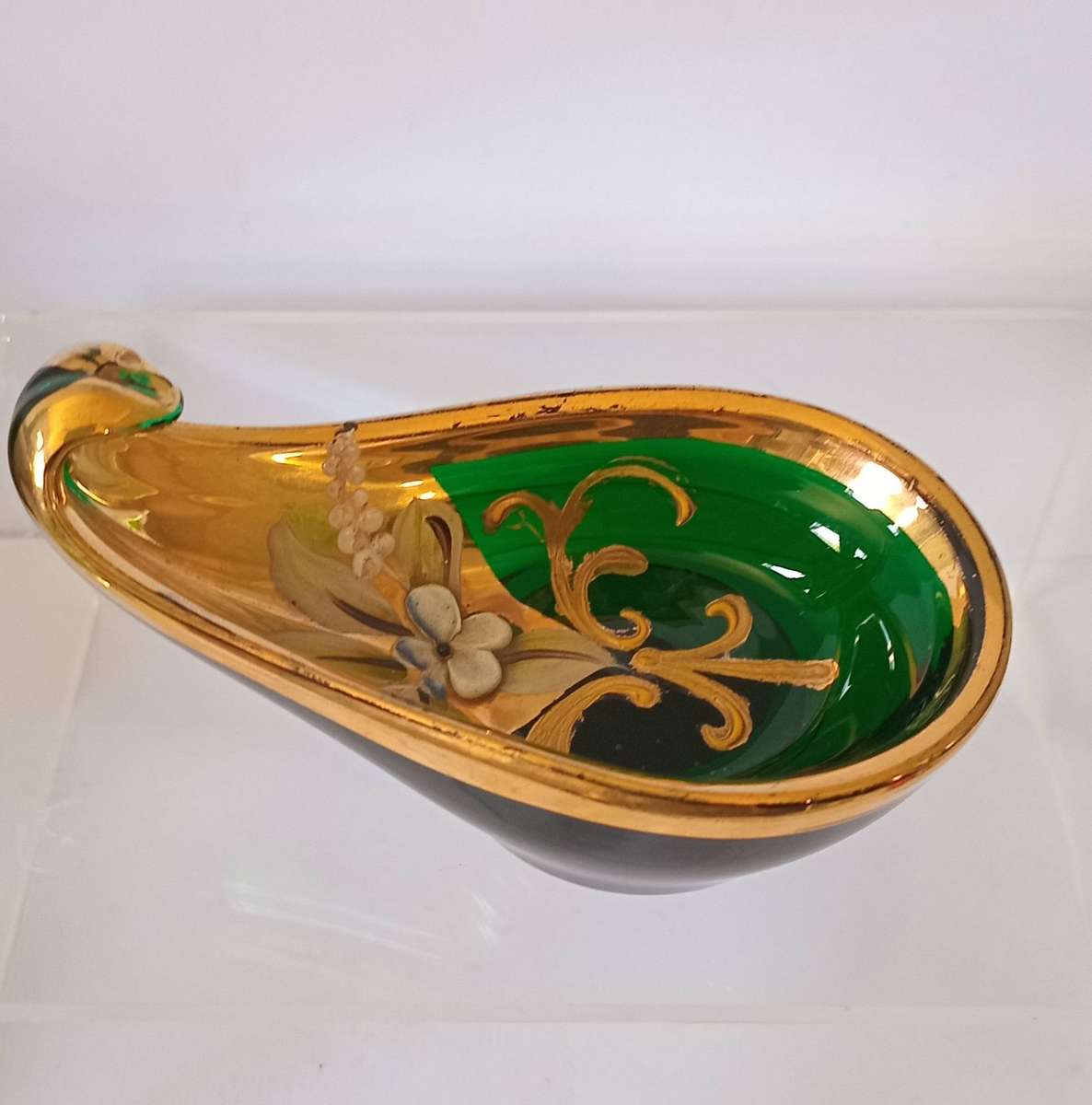 Stunning Italian Richly Gilded Green Glass handpainted and Gilded Trinket Bowl
