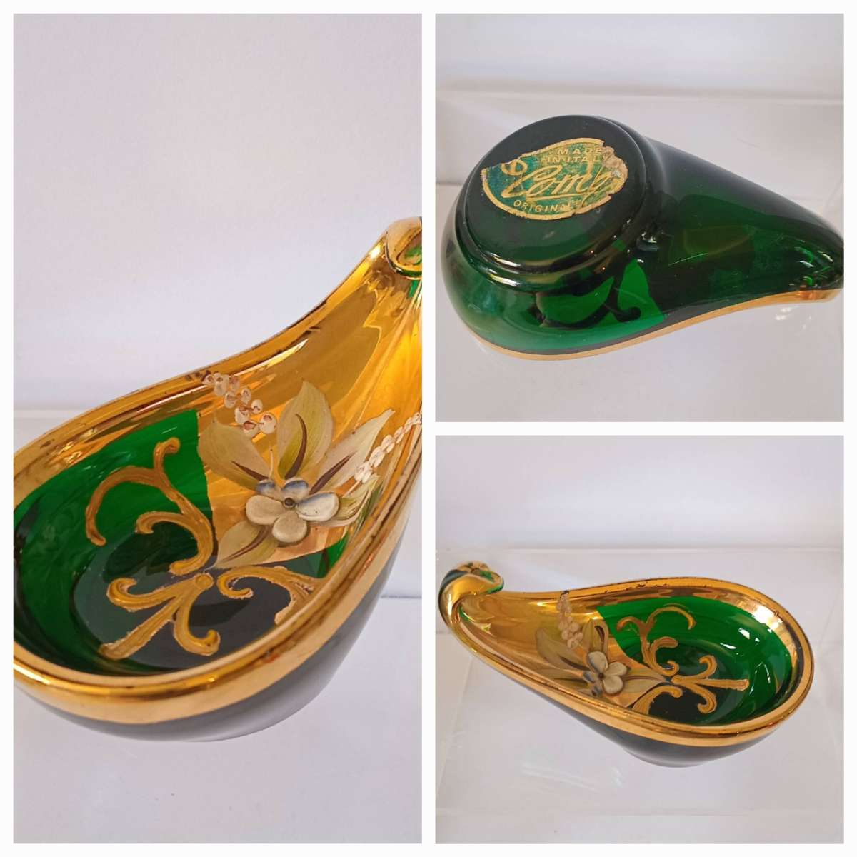 Stunning Italian Richly Gilded Green Glass handpainted and Gilded Trinket Bowl