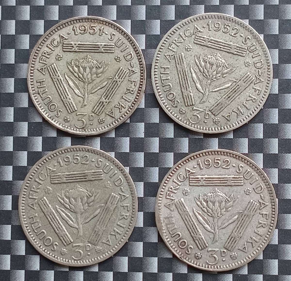 Union of SA 1950's 3 Pence Coin's x 4(1x1951&3×1952), each x 80% silver