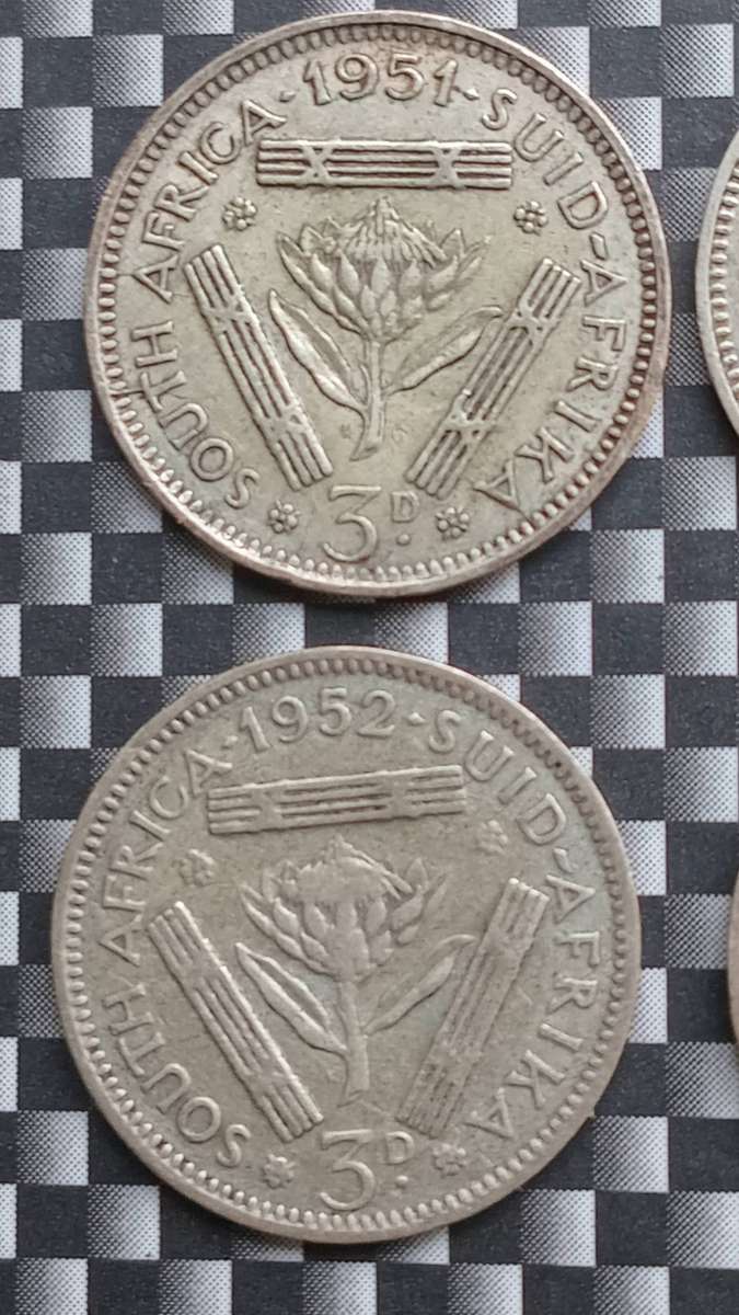 Union of SA 1950's 3 Pence Coin's x 4(1x1951&3×1952), each x 80% silver