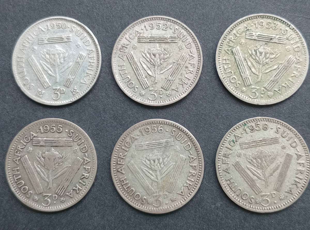 UNION OF SA 3 Pence 1950's x 6, 80% silver coins