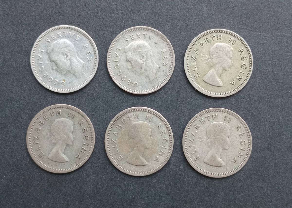 UNION OF SA 3 Pence 1950's x 6, 80% silver coins