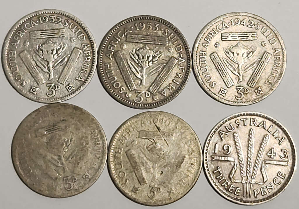 6 x  3 (Three) Pennies (SILVER 8.46g) includes 1932 3P !