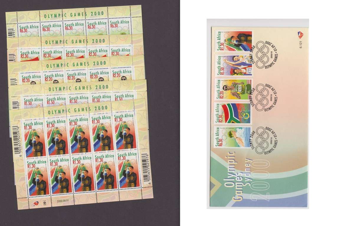 RSA - 2000 - Sydney Olympic Games FDC 6.121 + Full Sheet set (SACC 1280-1284)