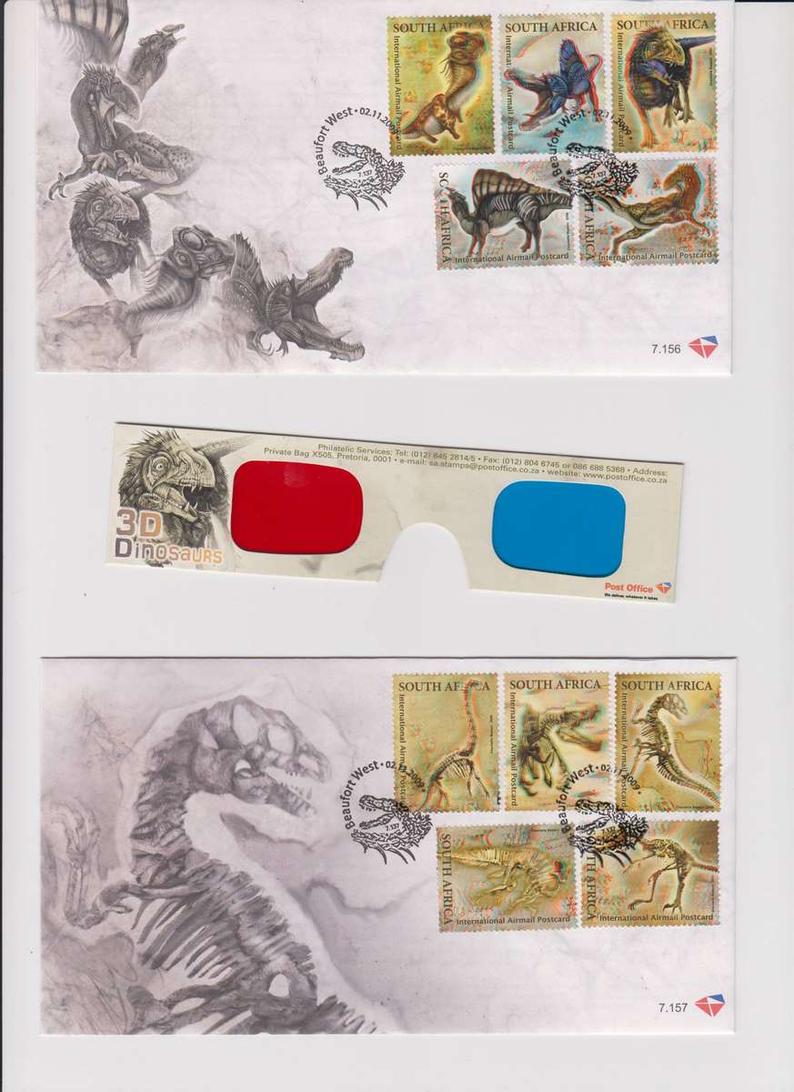 RSA - 2009 - 3D Dinosaur  - FDC 7.156 & 7.157 + MNH Sheetlet + Glasses - SACC 1985