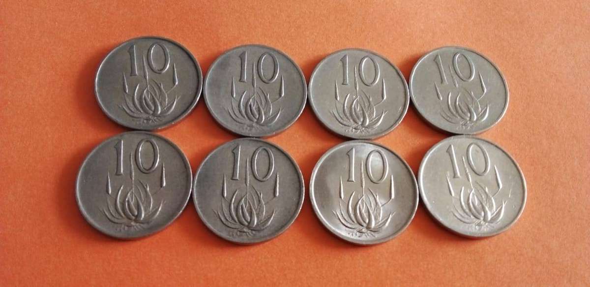 SOUTH AFRICA OLD TEN CENT COINS.X8