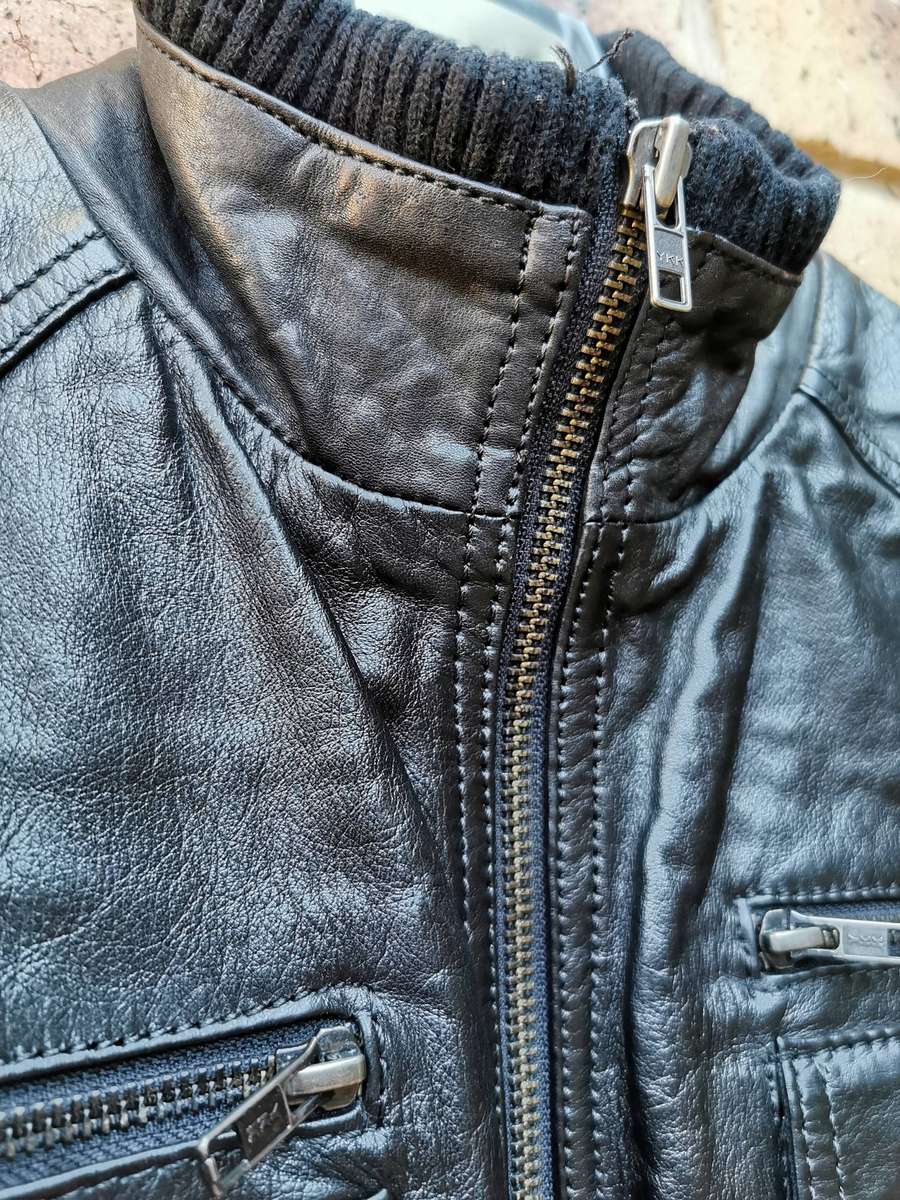 Mens black genuine leather bomber jacket from Jack & Jones