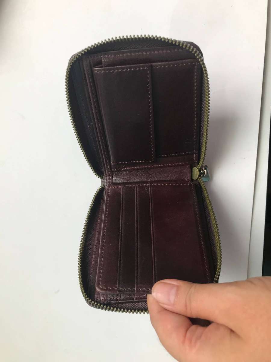 Men's Genuine Leather Zip Around Bifold Wallet+SD Memo Cardholder-Brown