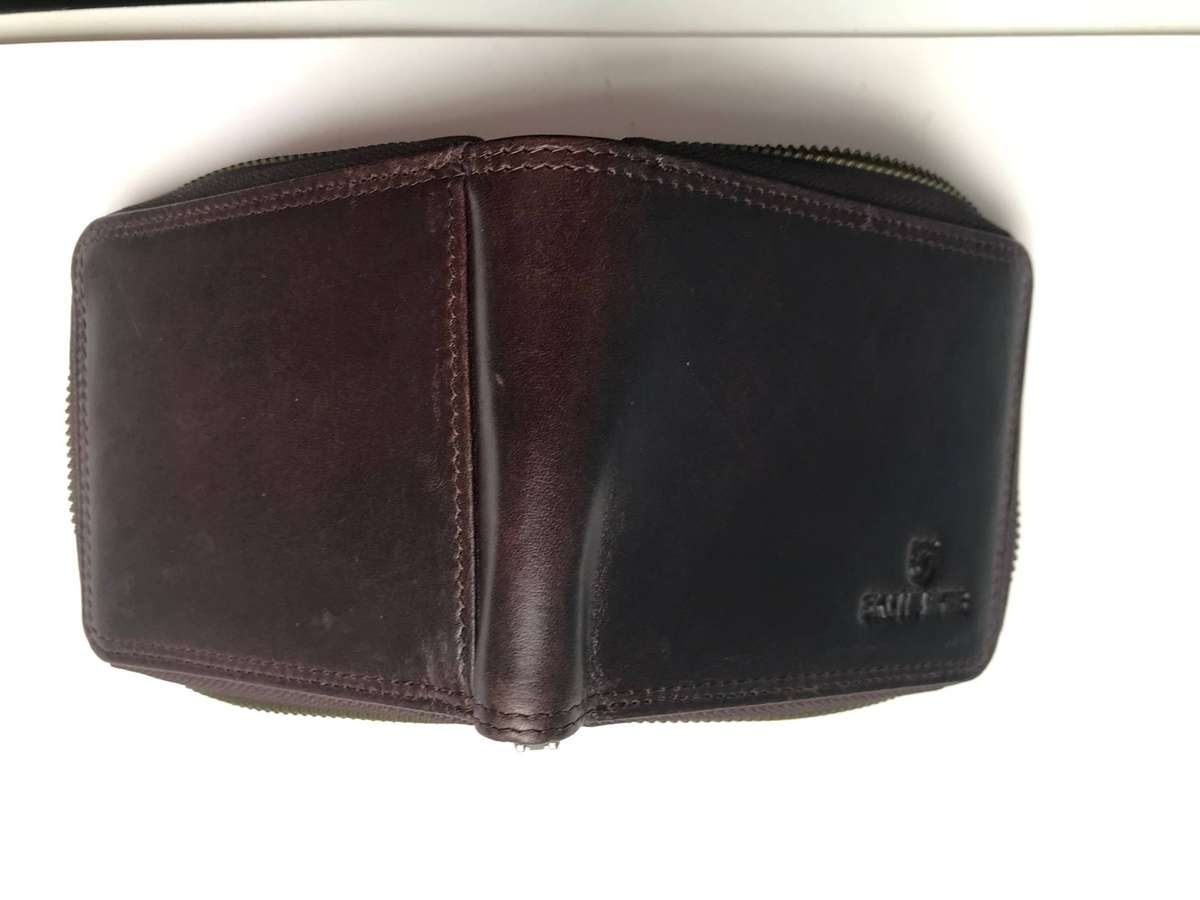 Men's Genuine Leather Zip Around Bifold Wallet+SD Memo Cardholder-Brown