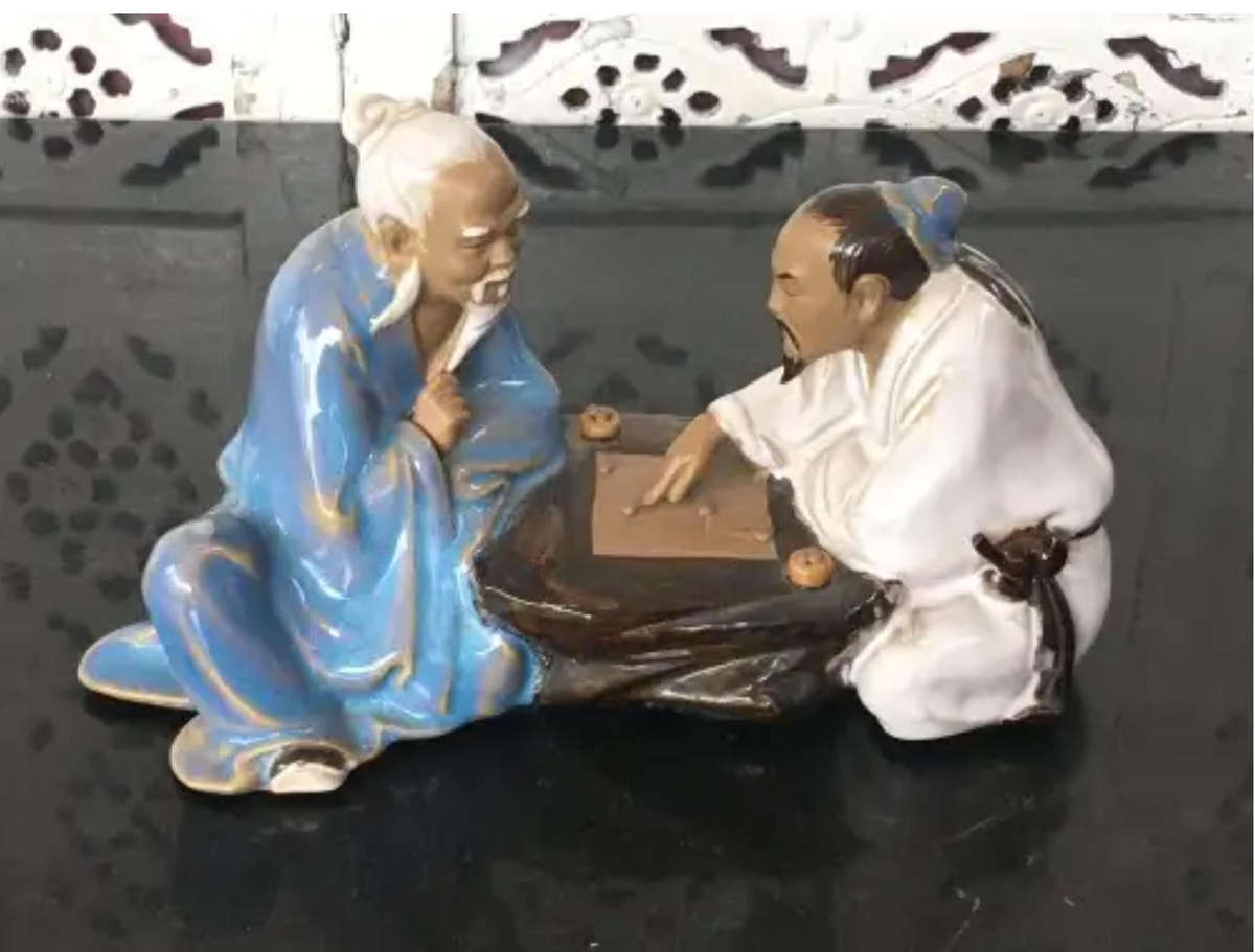 Large Vintage Chinese Shiwan Glazed Mudmen Figurines Playing Go