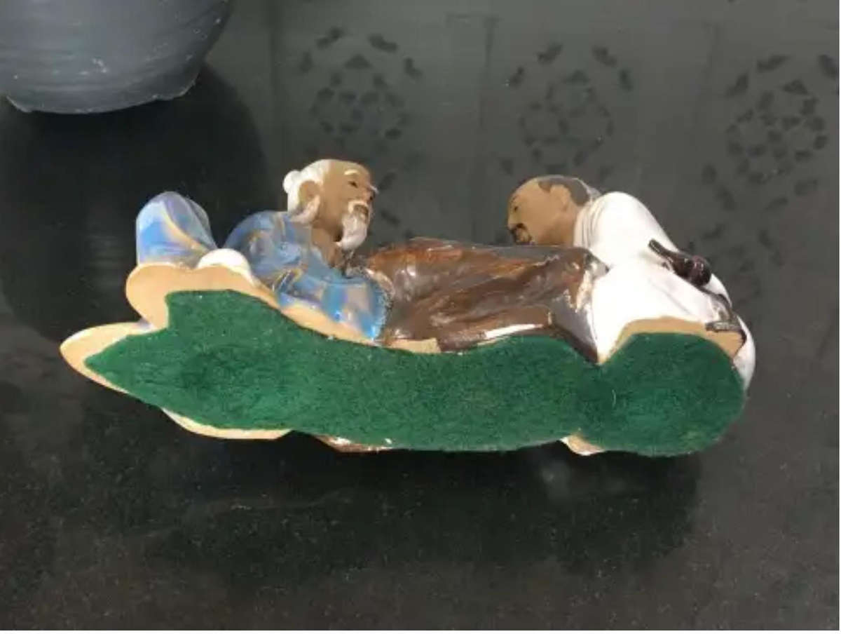 Large Vintage Chinese Shiwan Glazed Mudmen Figurines Playing Go