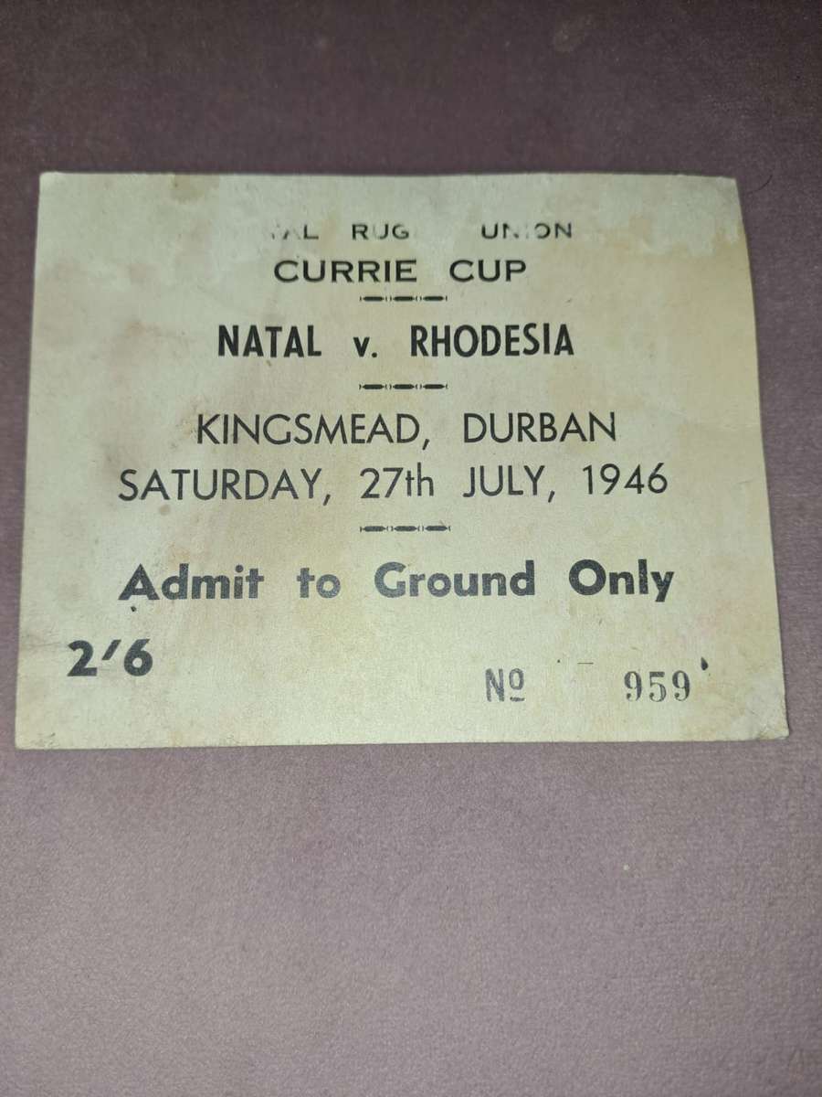 Natal vs Rhodesia rugby ticket 1946 Currie Cup signed by Dick Allen, Natal player