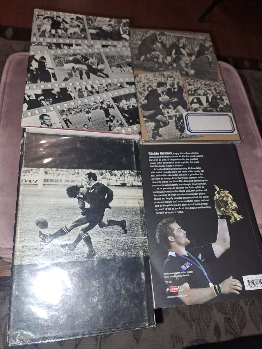 4 x All Blacks rugby books, 730 pages plus All Black pin badge