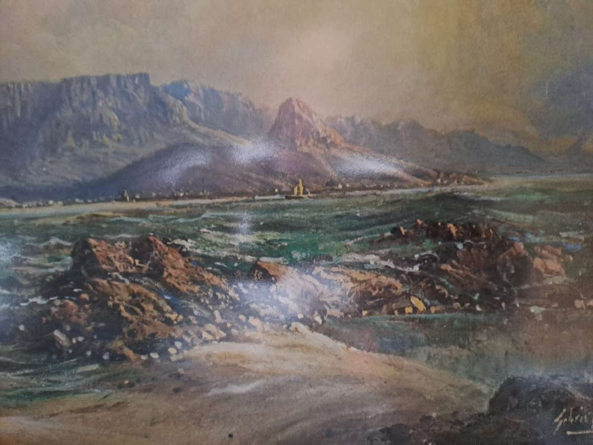 Gabriel de Jongh Lithograph "Table Mountain with Galleon" with original signature in pen