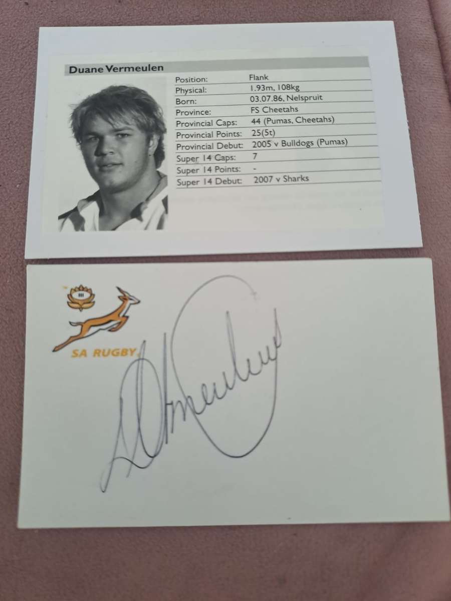 Rugby, Duane Vermeulen original autograph