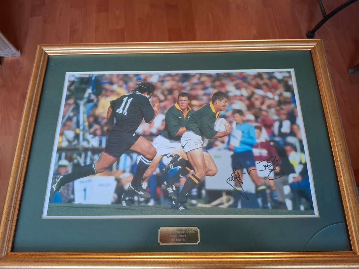 Joost van der Wezthuizen, Springbok legend, signed and framed