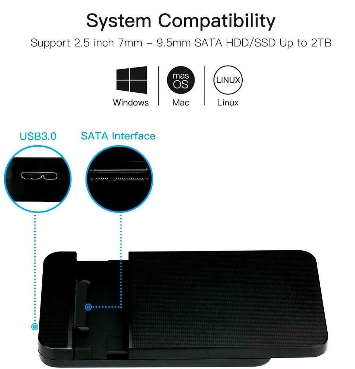 USB 3.0 SATA External Hard Drive Case 2.5 Inch Enclosure Caddy for HDD SSD [Black]