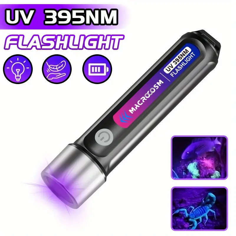 LED UV Flashlight 395nm USB Rechargeable Outdoor Camping Torchlight