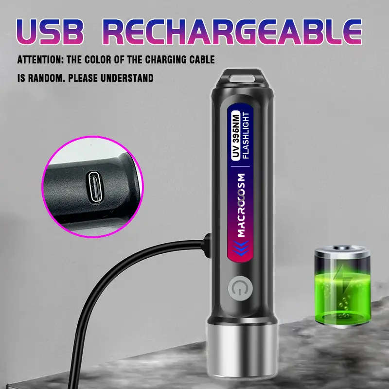 LED UV Flashlight 395nm USB Rechargeable Outdoor Camping Torchlight