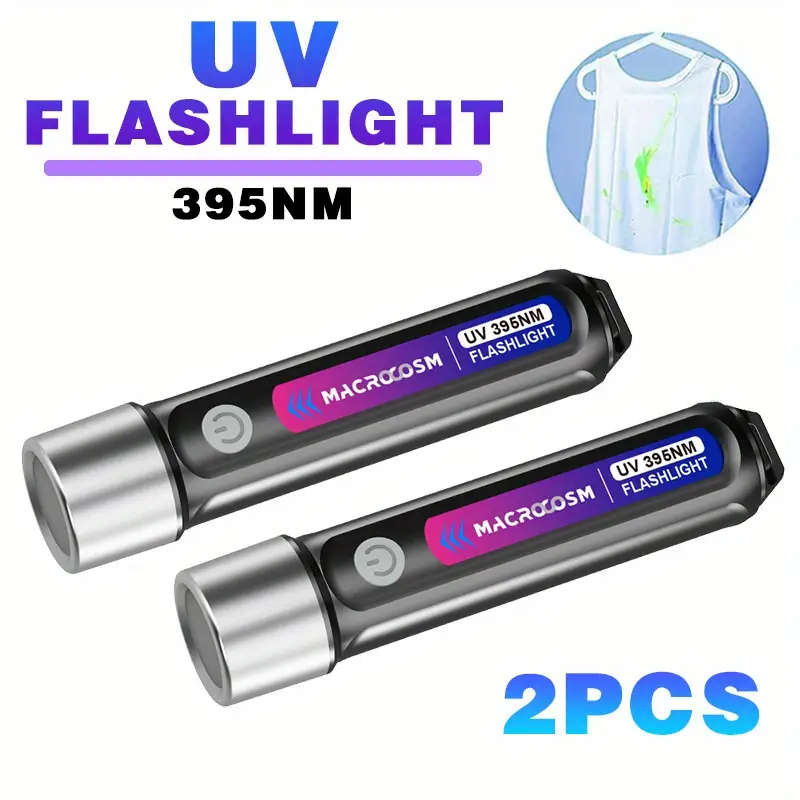 2 Pcs LED UV Flashlight 395nm USB Rechargeable Outdoor Camping Torchlight