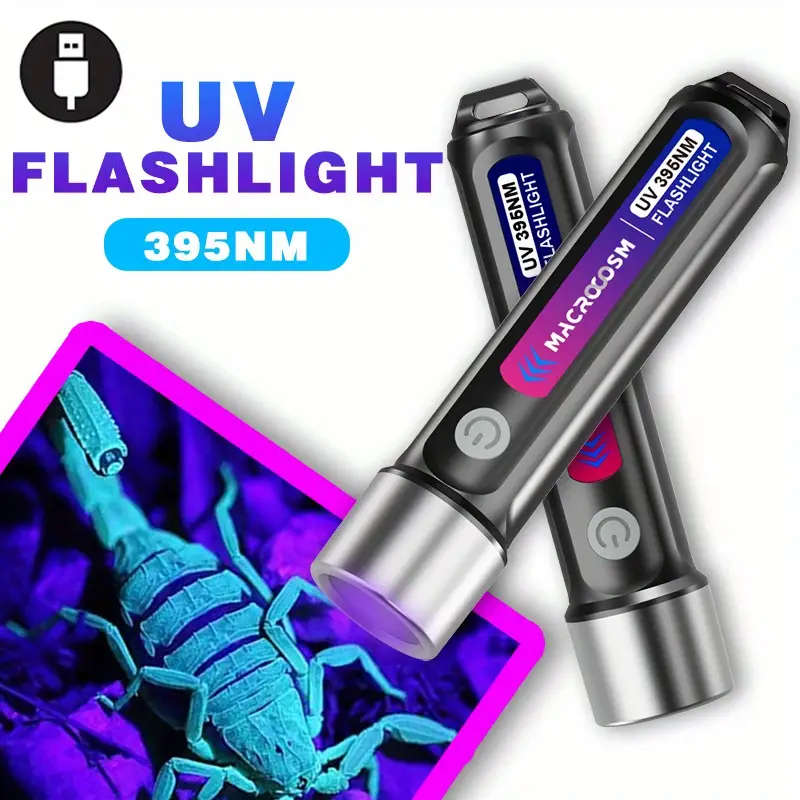 2 Pcs LED UV Flashlight 395nm USB Rechargeable Outdoor Camping Torchlight