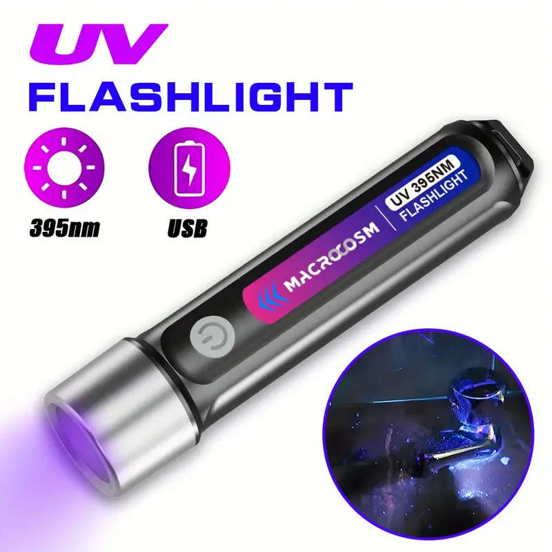 LED UV Flashlight 395nm USB Rechargeable Outdoor Camping Torchlight