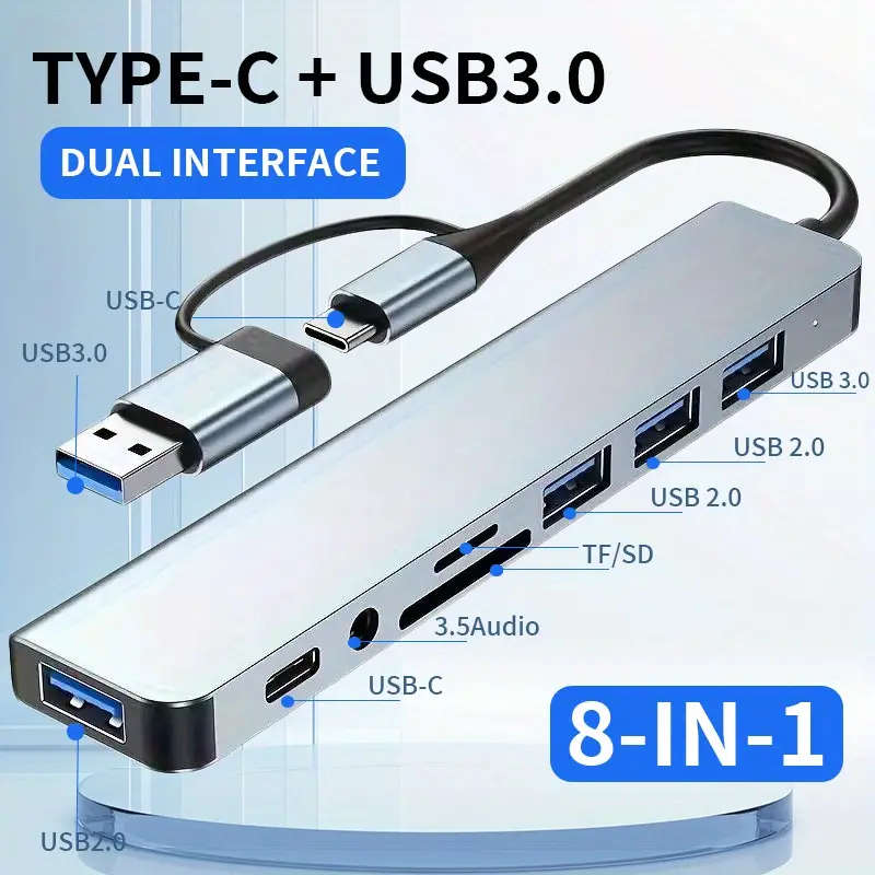 8 in 1 USB-C Adapter Hub Docking Station 8 Port HUB Card Reader Multi-functional