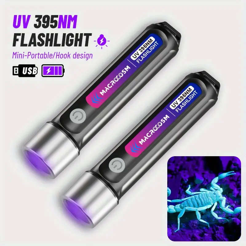 2 Pcs LED UV Flashlight 395nm USB Rechargeable Outdoor Camping Torchlight