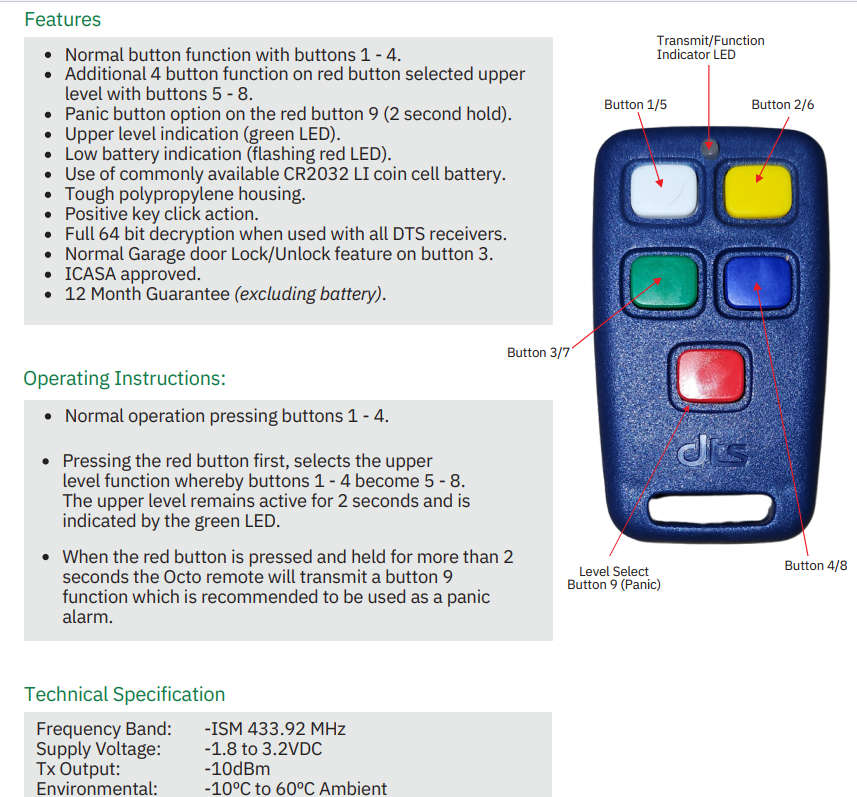DTS 5 button 433Mhz code hopping remote - Gate Remote Garage Remote
