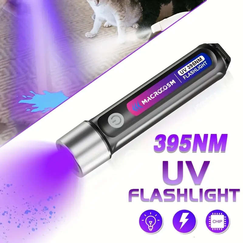 LED UV Flashlight 395nm USB Rechargeable Outdoor Camping Torchlight