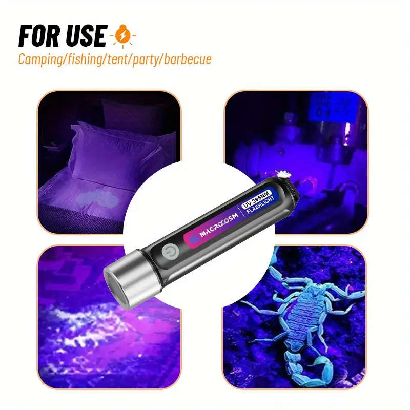 LED UV Flashlight 395nm USB Rechargeable Outdoor Camping Torchlight