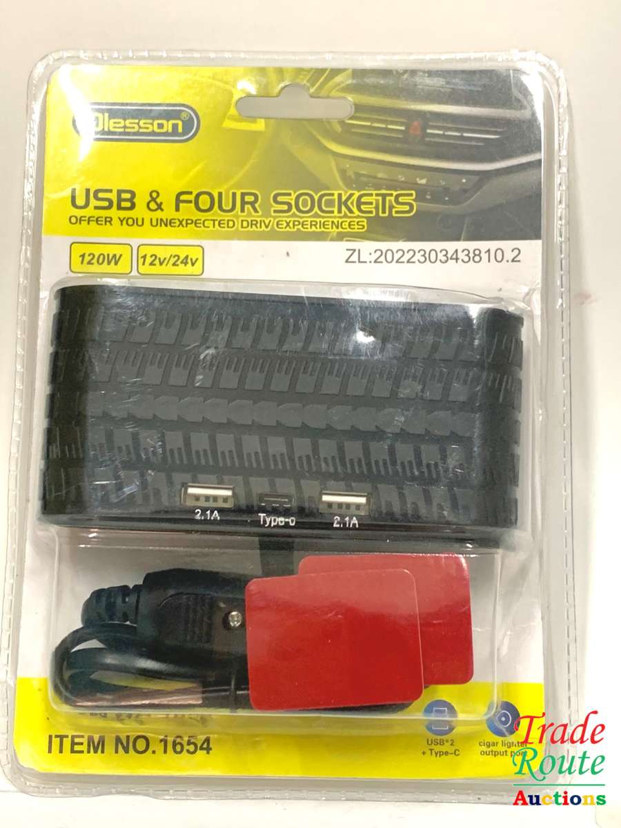 12V / 24V 1-to-4 Car Cigarette Lighter Sockets Adapter With 2x USB and Type-C Charging Ports