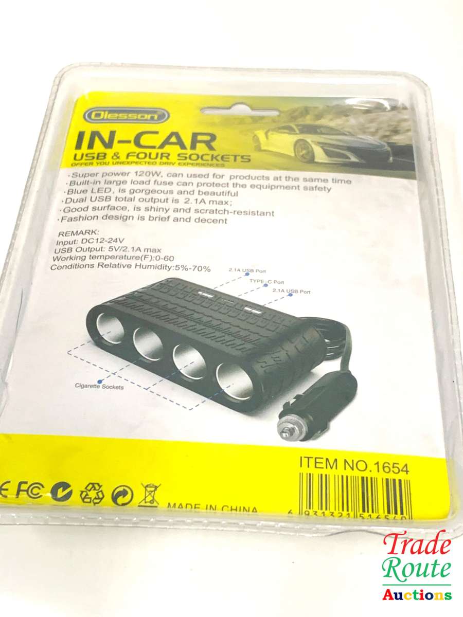 12V / 24V 1-to-4 Car Cigarette Lighter Sockets Adapter With 2x USB and Type-C Charging Ports