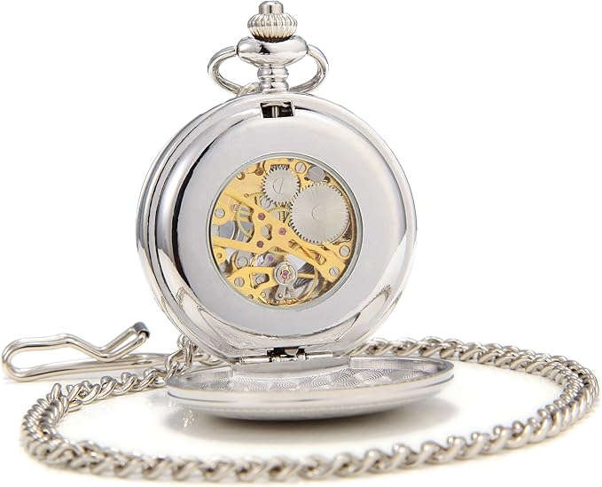 Double Open Mechanical Retro Style Skeleton Pocket Watch