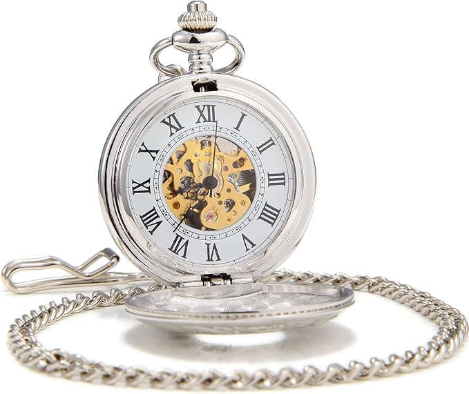 Double Open Mechanical Retro Style Skeleton Pocket Watch