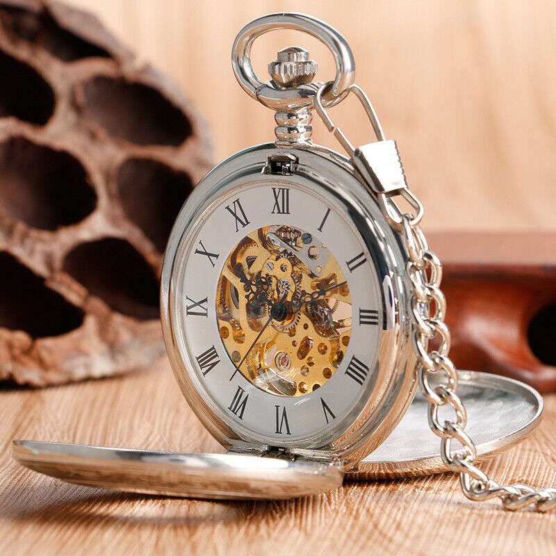 Double Open Mechanical Retro Style Skeleton Pocket Watch