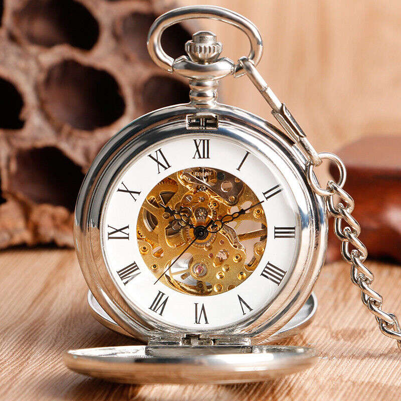 Double Open Mechanical Retro Style Skeleton Pocket Watch