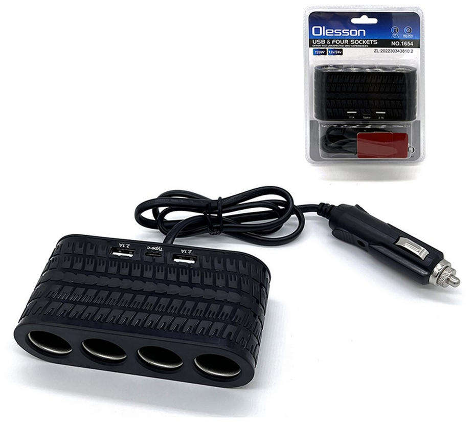 12V / 24V 1-to-4 Car Cigarette Lighter Sockets Adapter With 2x USB and Type-C Charging Ports