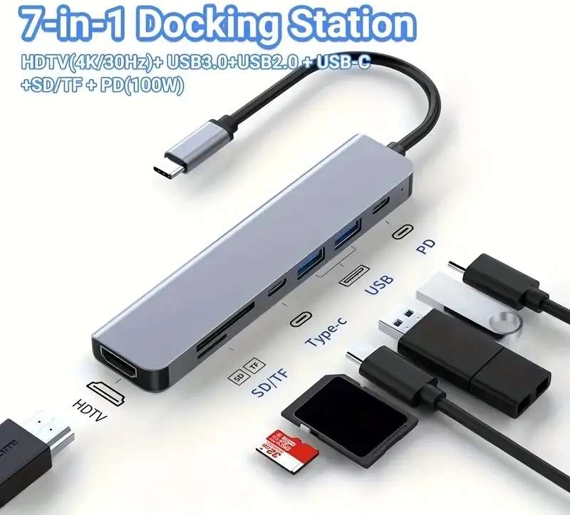 4K HDMI 7 IN 1 USB-C Hub, USB 3.0 Ports, SD/TF Card Reader, Type-C, PD USB HUB USB DOCK