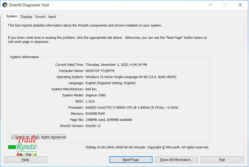 Dell Inspiron 3580 i7 8565U 8th Gen 8GB RAM 1TB HDD 15.6 inch Laptop